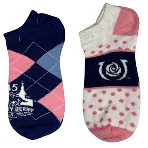 For Bare Feet Socks Kentucky Derby 145 6-11 White Pink Dot Band Blue Pink Argyle